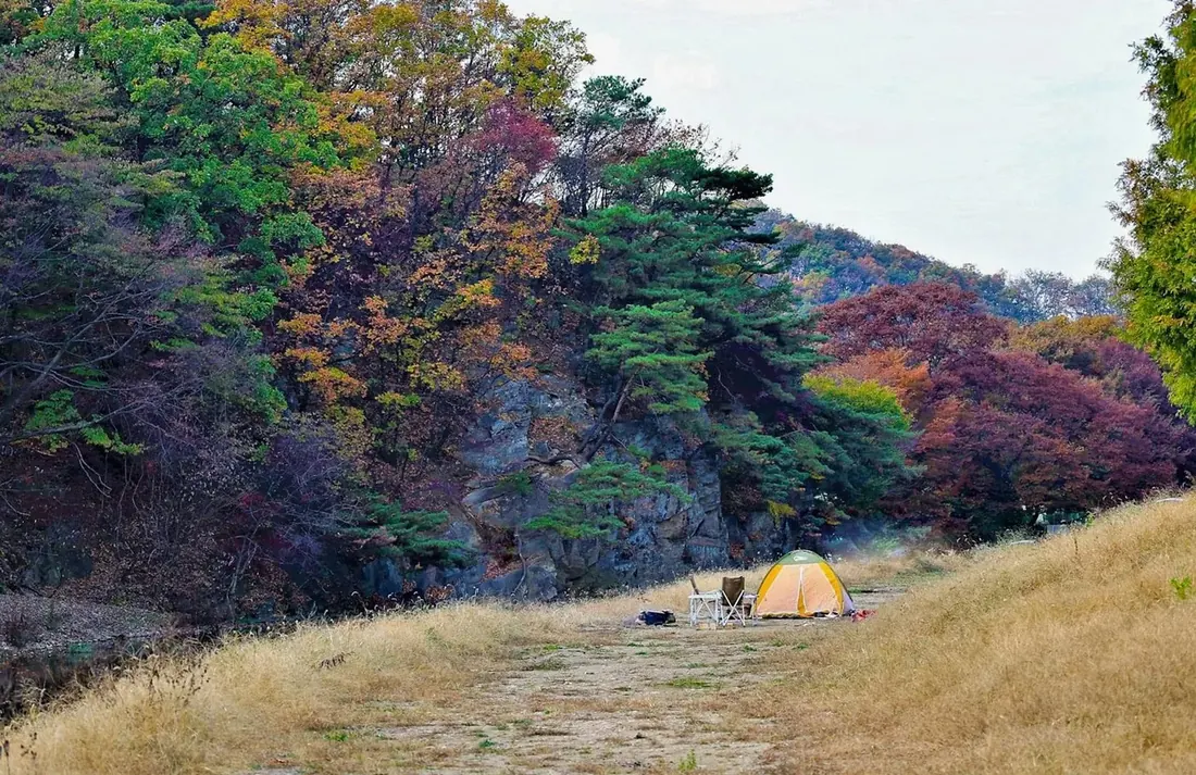 紅葉した谷あいの草地に張られた黄色いテント(イメージ写真)